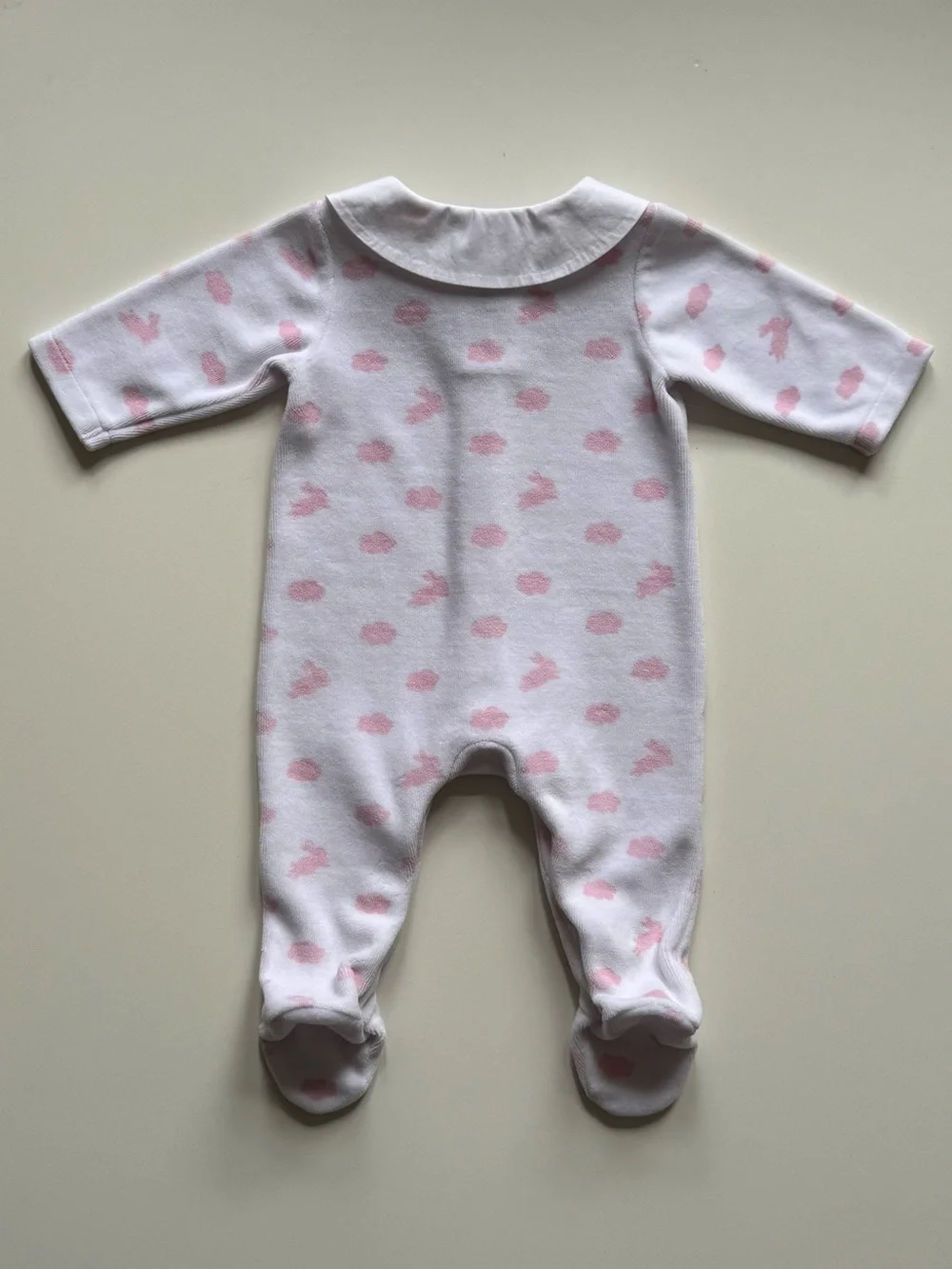 Jacadi Baby Girl White Velvet Footie Pajamas with Pink Clouds & Rabbits - Sz. 3M